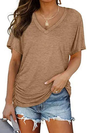 Women's Casual Short Sleeve V Neck Dolman Top with Side Shirring for Comfort Khaki Women's Tops