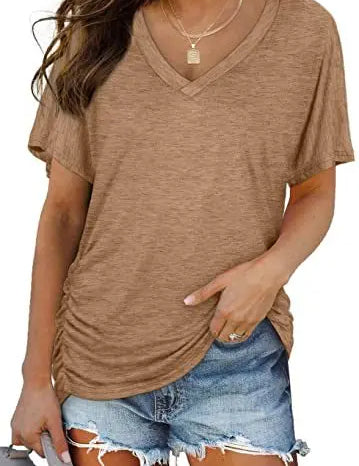 Women's Casual Short Sleeve V Neck Dolman Top with Side Shirring for Comfort Khaki Women's Tops
