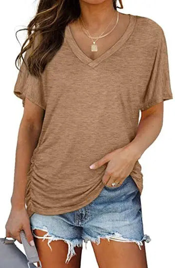 Women's Casual Short Sleeve V Neck Dolman Top with Side Shirring for Comfort Khaki Women's Tops