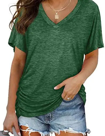Women's Casual Short Sleeve V Neck Dolman Top with Side Shirring for Comfort Green Women's Tops