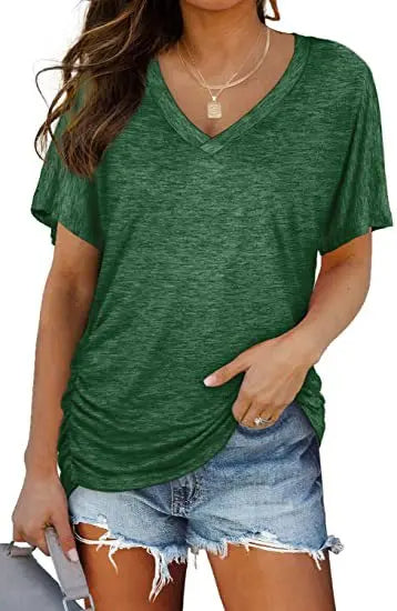 Women's Casual Short Sleeve V Neck Dolman Top with Side Shirring for Comfort Green Women's Tops