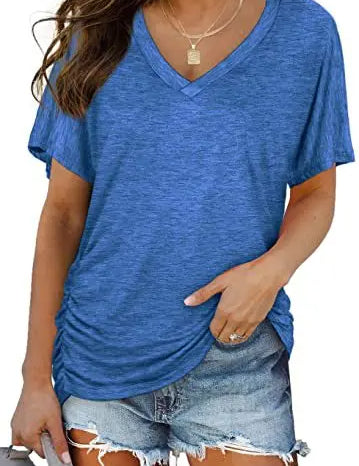 Women's Casual Short Sleeve V Neck Dolman Top with Side Shirring for Comfort Blue Women's Tops