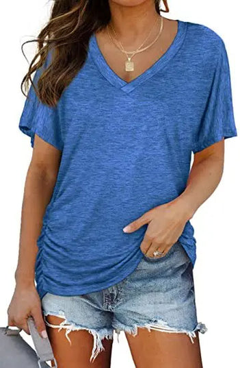 Women's Casual Short Sleeve V Neck Dolman Top with Side Shirring for Comfort Blue Women's Tops