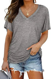 Women's Casual Short Sleeve V Neck Dolman Top with Side Shirring for Comfort Grey Women's Tops