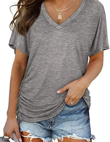 Women's Casual Short Sleeve V Neck Dolman Top with Side Shirring for Comfort Grey Women's Tops