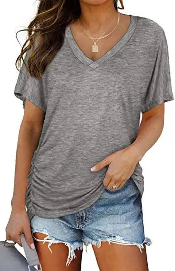 Women's Casual Short Sleeve V Neck Dolman Top with Side Shirring for Comfort Grey Women's Tops