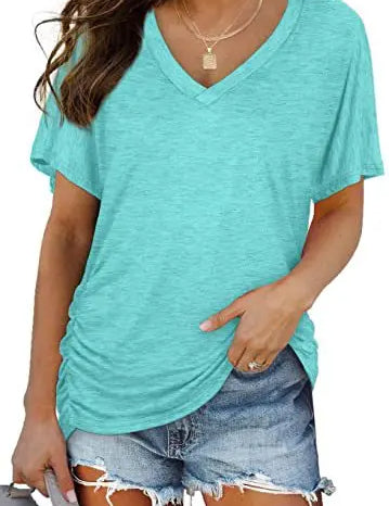 Women's Casual Short Sleeve V Neck Dolman Top with Side Shirring for Comfort Lake Green Women's Tops