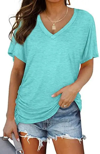Women's Casual Short Sleeve V Neck Dolman Top with Side Shirring for Comfort Lake Green Women's Tops