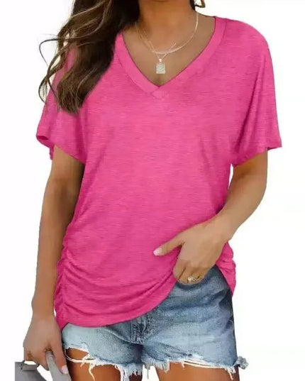 Women's Casual Short Sleeve V Neck Dolman Top with Side Shirring for Comfort Pink Women's Tops