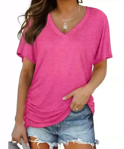 Women's Casual Short Sleeve V Neck Dolman Top with Side Shirring for Comfort Pink Women's Tops