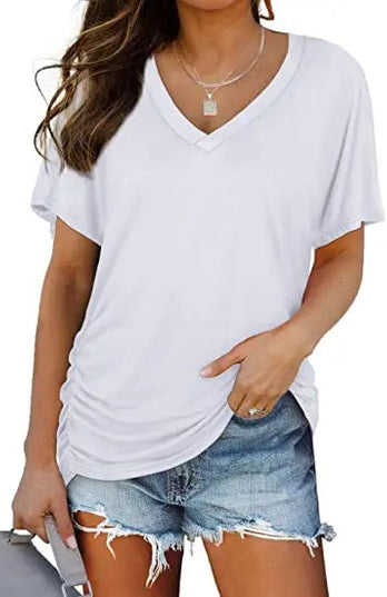 Women's Casual Short Sleeve V Neck Dolman Top with Side Shirring for Comfort White Women's Tops