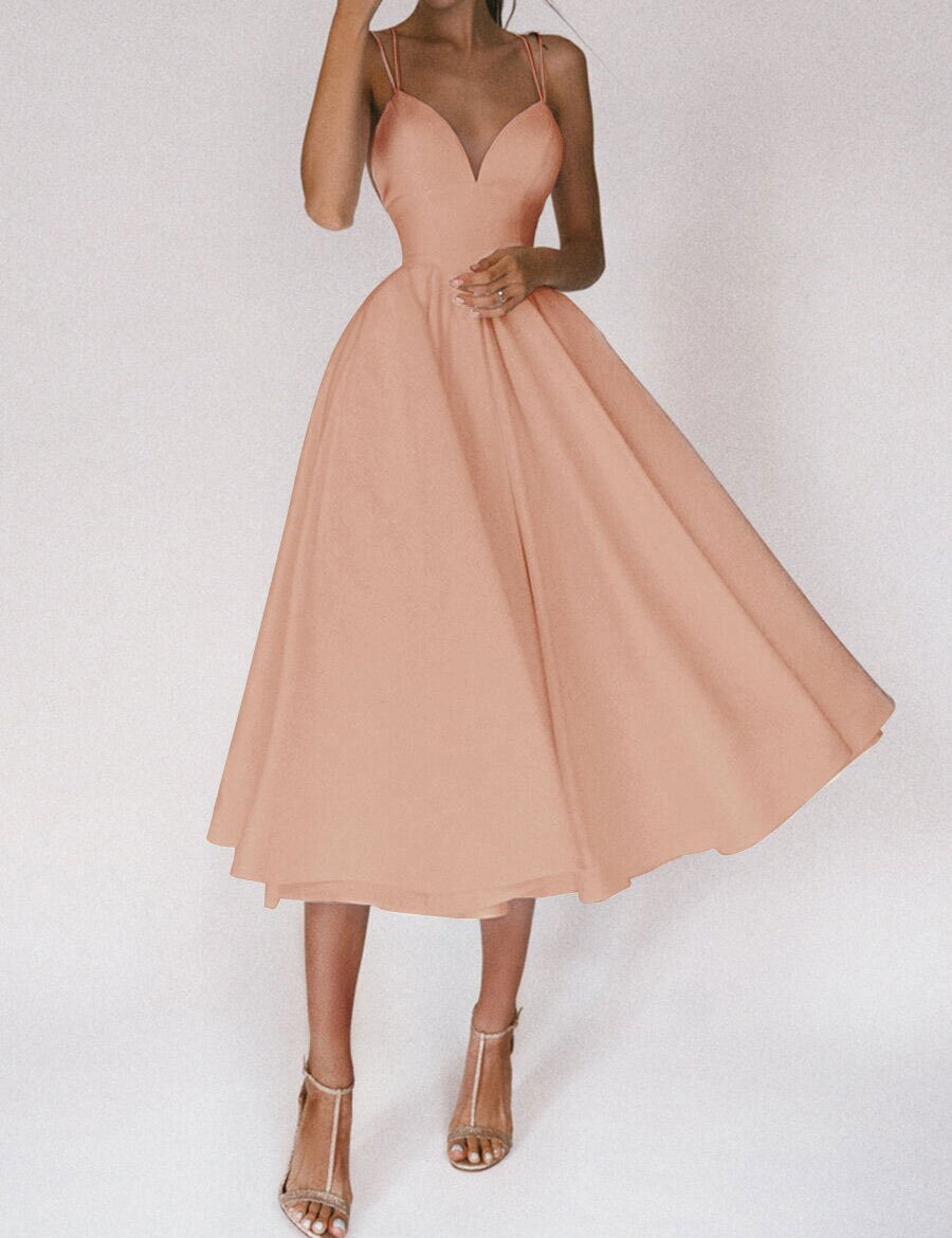 Women's Sexy V-Neck Suspender A-Line Maxi Dress Apricot Dresses