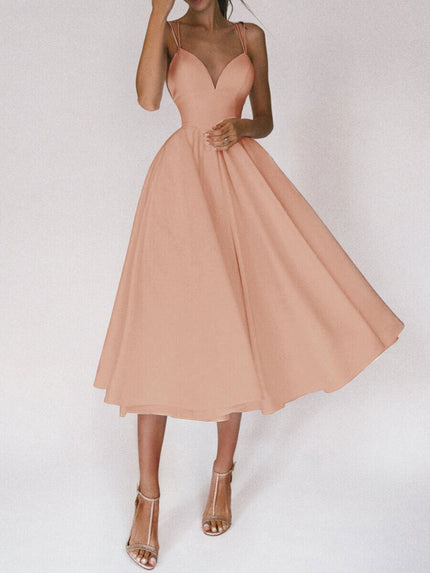Women's Sexy V-Neck Suspender A-Line Maxi Dress Apricot Dresses