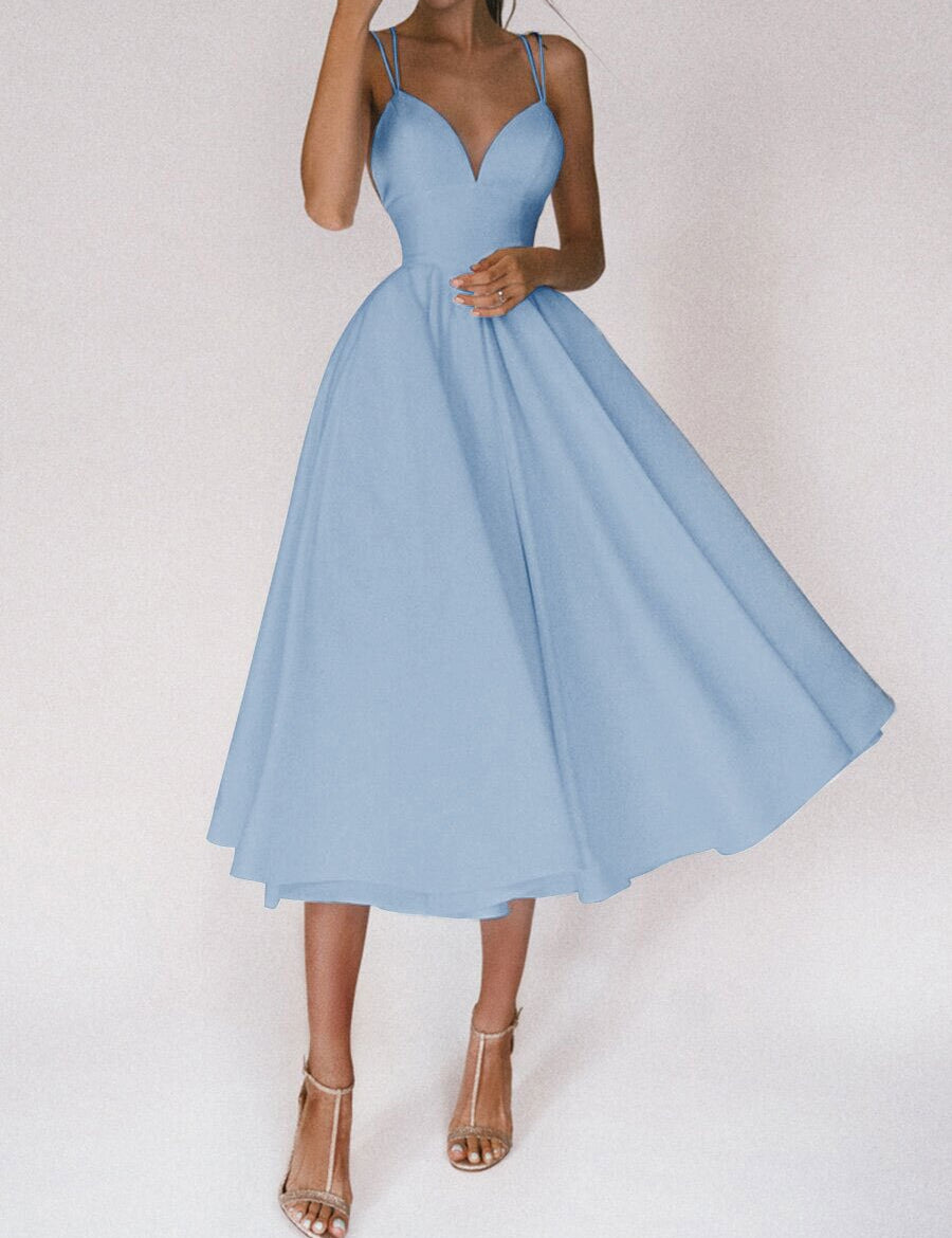 Women's Sexy V-Neck Suspender A-Line Maxi Dress Blue Dresses