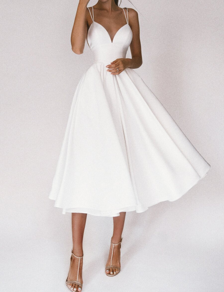 Women's Sexy V-Neck Suspender A-Line Maxi Dress White Dresses