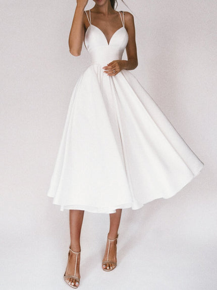 Women's Sexy V-Neck Suspender A-Line Maxi Dress White Dresses