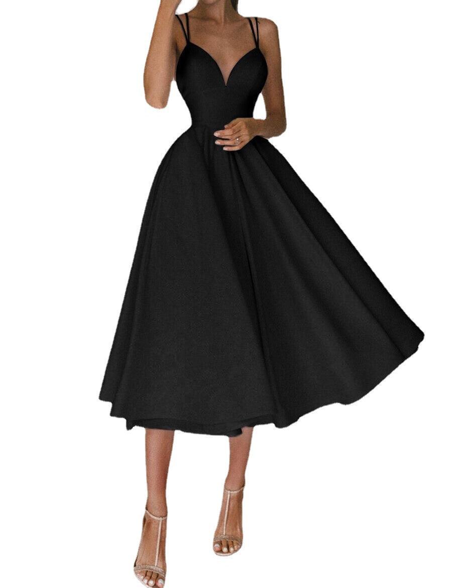 Women's Sexy V-Neck Suspender A-Line Maxi Dress Black Dresses