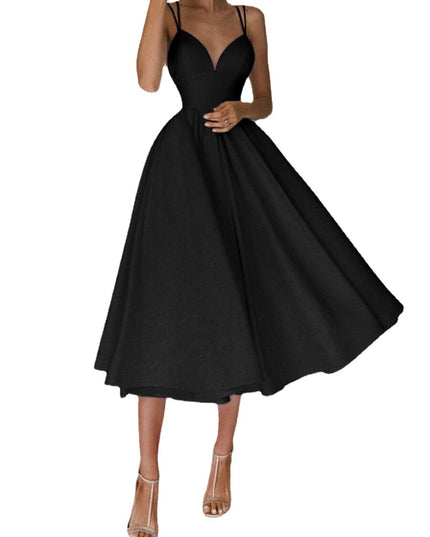 Women's Sexy V-Neck Suspender A-Line Maxi Dress Black Dresses