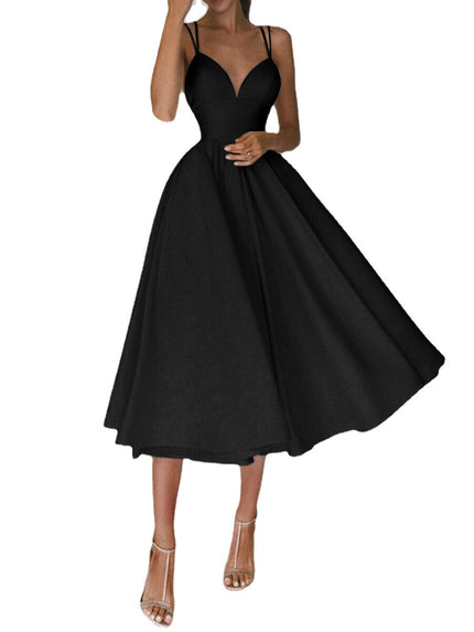 Women's Sexy V-Neck Suspender A-Line Maxi Dress Black Dresses