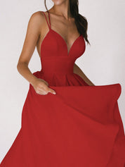 Women's Sexy V-Neck Suspender A-Line Maxi Dress Red Dresses