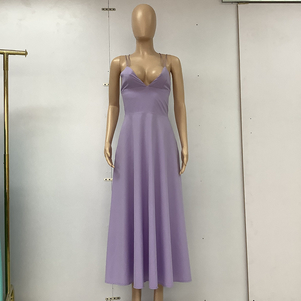 Women's Sexy V-Neck Suspender A-Line Maxi Dress Purple Dresses