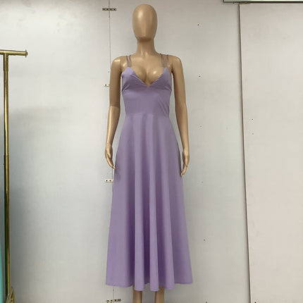 Women's Sexy V-Neck Suspender A-Line Maxi Dress Purple Dresses