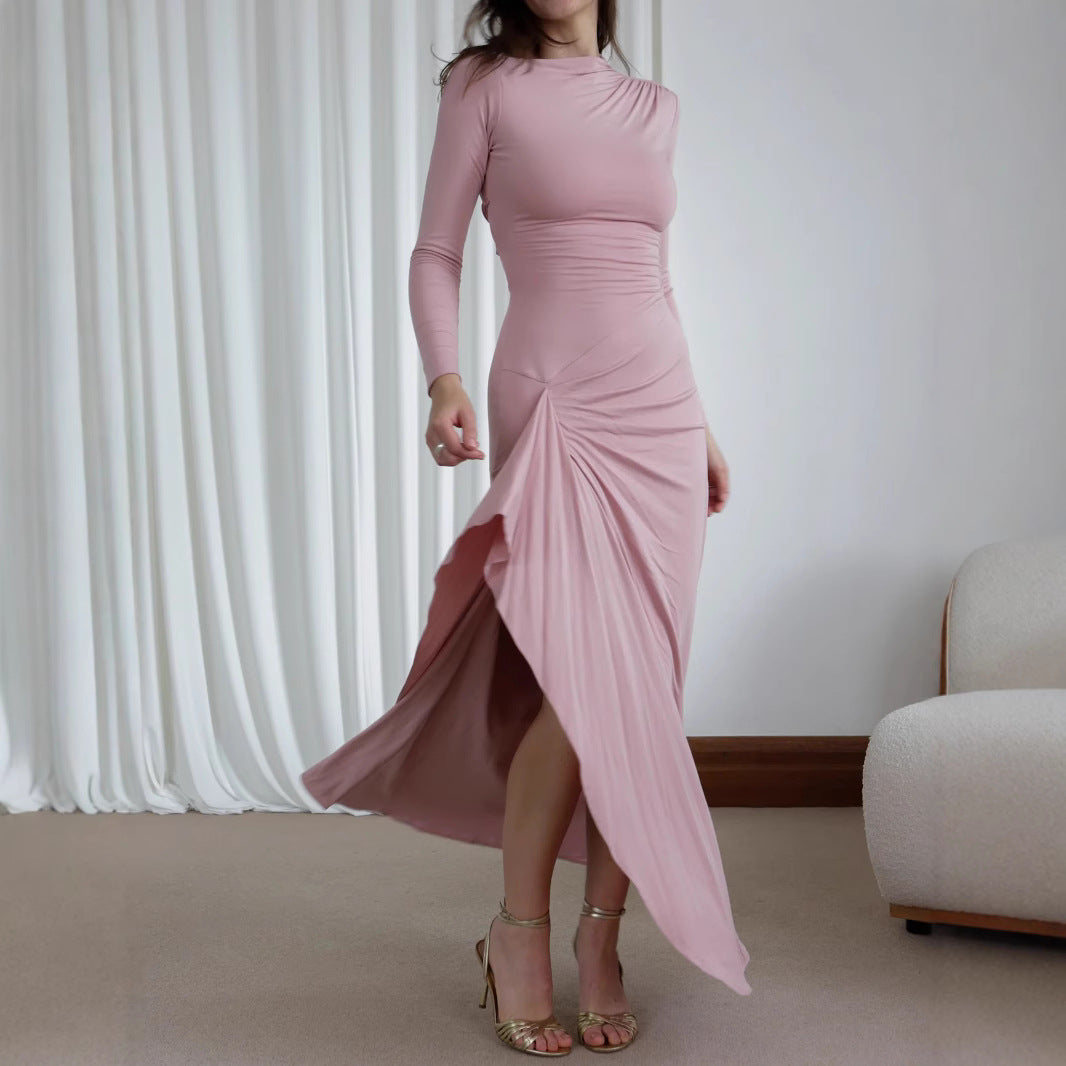 Women's Slim-Fit Asymmetric Long-Sleeve Split Dress Pink Dresses