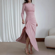 Women's Slim-Fit Asymmetric Long-Sleeve Split Dress Pink Dresses