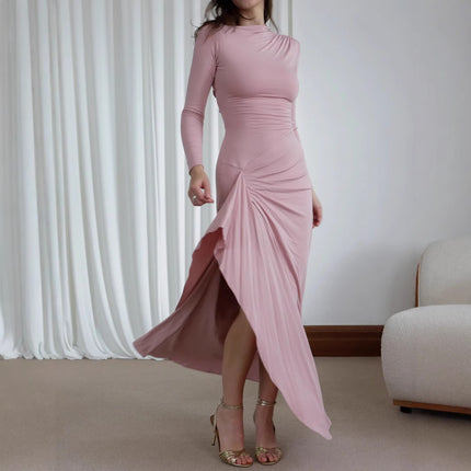 Women's Slim-Fit Asymmetric Long-Sleeve Split Dress Pink Dresses
