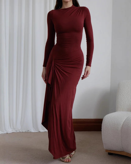 Women's Slim-Fit Asymmetric Long-Sleeve Split Dress Wine Red Dresses
