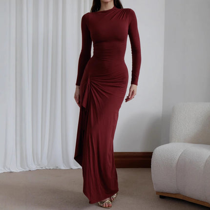 Women's Slim-Fit Asymmetric Long-Sleeve Split Dress Wine Red Dresses