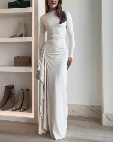 Women's Slim-Fit Asymmetric Long-Sleeve Split Dress White Dresses