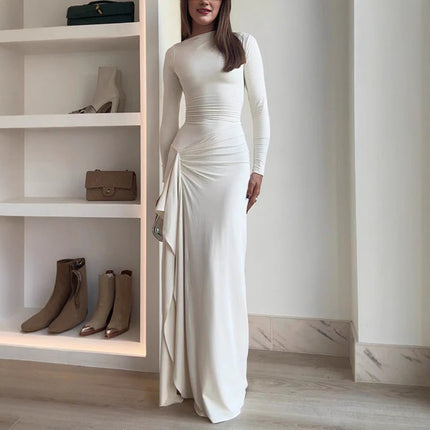 Women's Slim-Fit Asymmetric Long-Sleeve Split Dress White Dresses