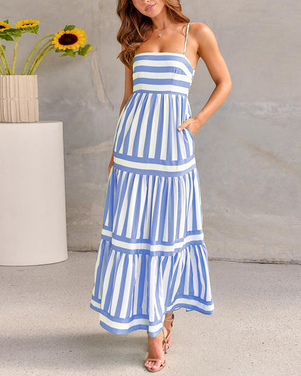 Women's Striped Summer Maxi Dress with Pockets Blue Dresses