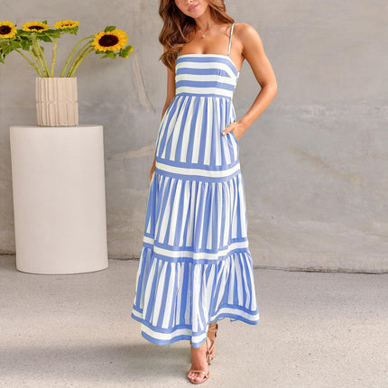 Women's Striped Summer Maxi Dress with Pockets Blue Dresses