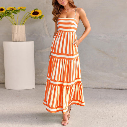 Women's Striped Summer Maxi Dress with Pockets Orange Dresses