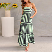 Women's Striped Summer Maxi Dress with Pockets Black Dresses