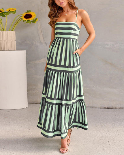 Women's Striped Summer Maxi Dress with Pockets Black Dresses
