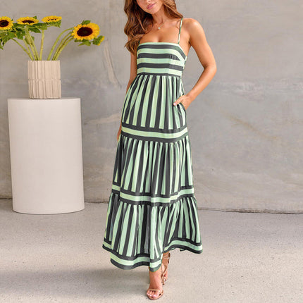 Women's Striped Summer Maxi Dress with Pockets Black Dresses