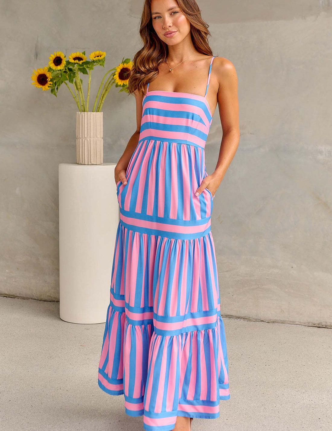 Women's Striped Summer Maxi Dress with Pockets Pink Dresses