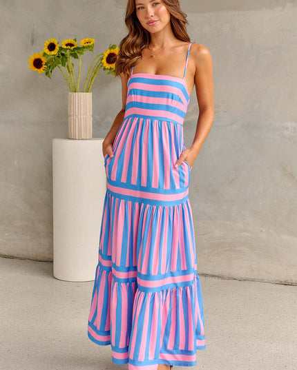 Women's Striped Summer Maxi Dress with Pockets Pink Dresses