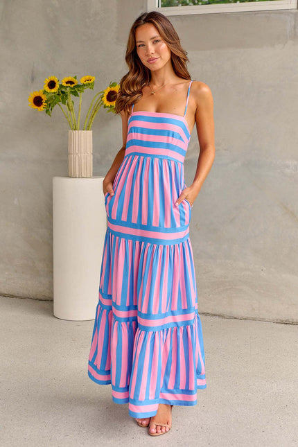 Women's Striped Summer Maxi Dress with Pockets Pink Dresses