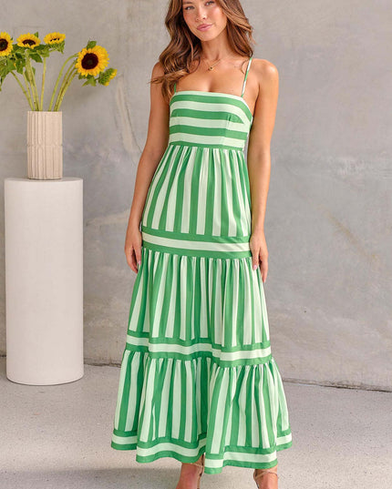 Women's Striped Summer Maxi Dress with Pockets Green Dresses