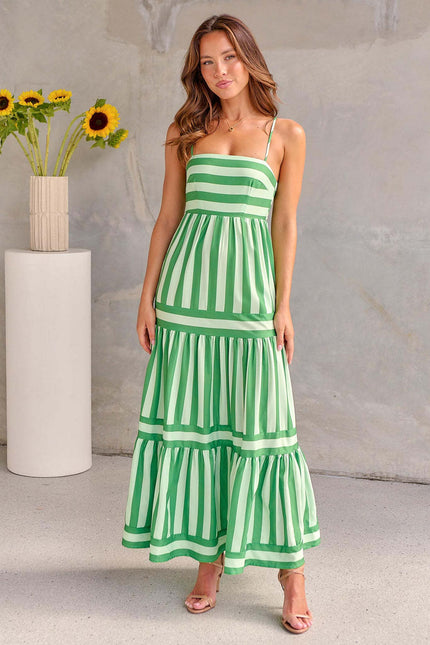 Women's Striped Summer Maxi Dress with Pockets Green Dresses
