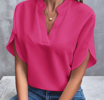Women's Summer V-Neck Chiffon Blouse Rose Red Blouse