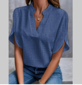 Women's Summer V-Neck Chiffon Blouse Navy Blue Blouse