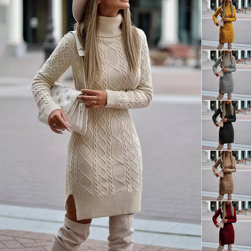 Women's Turtleneck Knit Sweater Dress with Side Slit Sweater