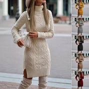 Women's Turtleneck Knit Sweater Dress with Side Slit Sweater
