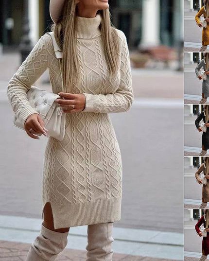 Women's Turtleneck Knit Sweater Dress with Side Slit Sweater