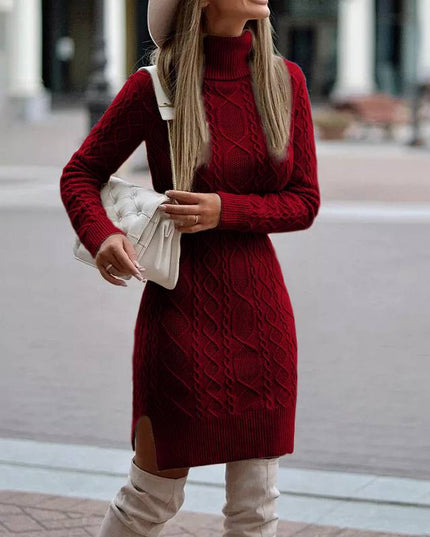 Women's Turtleneck Knit Sweater Dress with Side Slit Wine Red Sweater